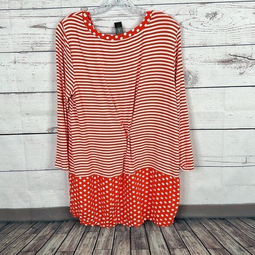 Ali Miles Top Shirt Womens Medium Orange White Stripe Polka dot Tunic Art Casual - Picture 9 of 12